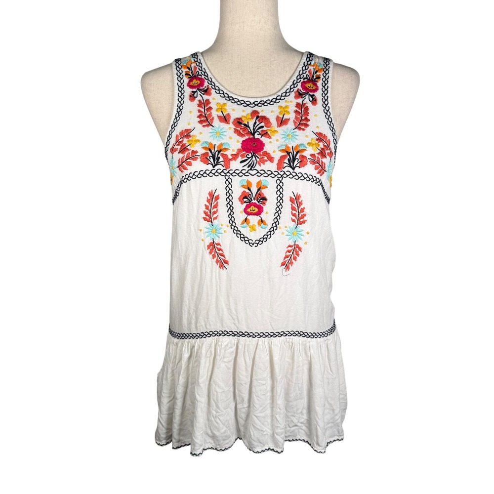 Lovers + Friends Embroidered Floral Tank Top Womens S‎ White Revolve Boho Peplum